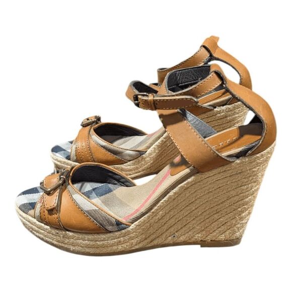 BURBERRY Nova Check Canvas/Leather Espadrille Wedge Sandals Size 40 - Picture 2 of 9